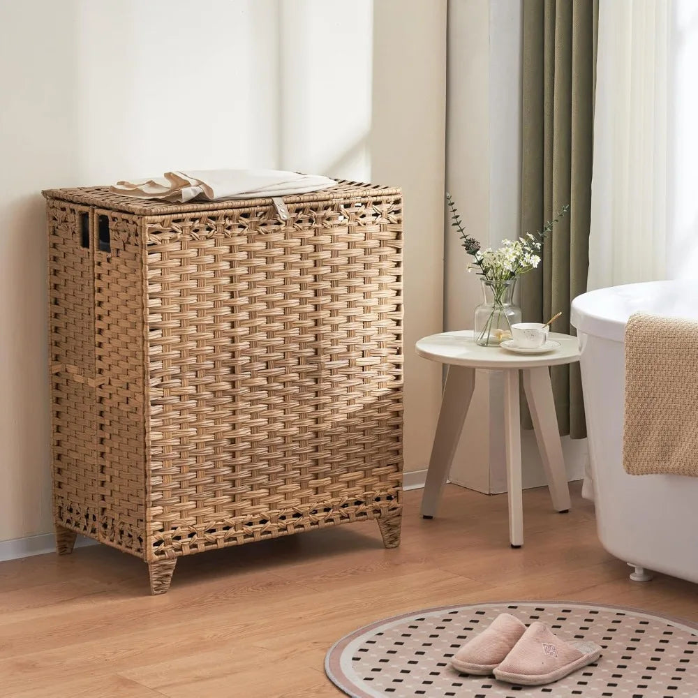 Large 190L 3-Section Laundry Hamper with 6 Detachable Liner Bags and 3 Mesh Bags, Handwoven Rattan Design