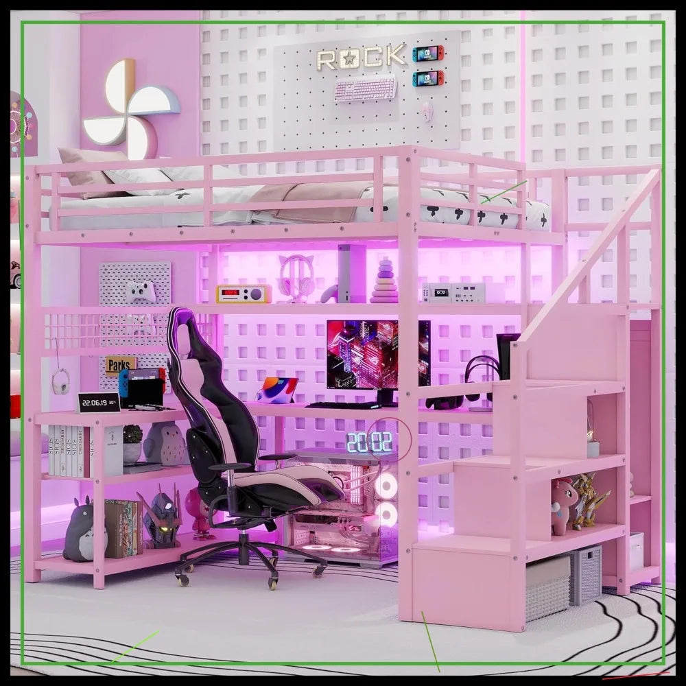 Full Size Loft Bed with LED Lights, Stairs, Desk & Storage for Adults Teens Kids Gaming Room Pink
