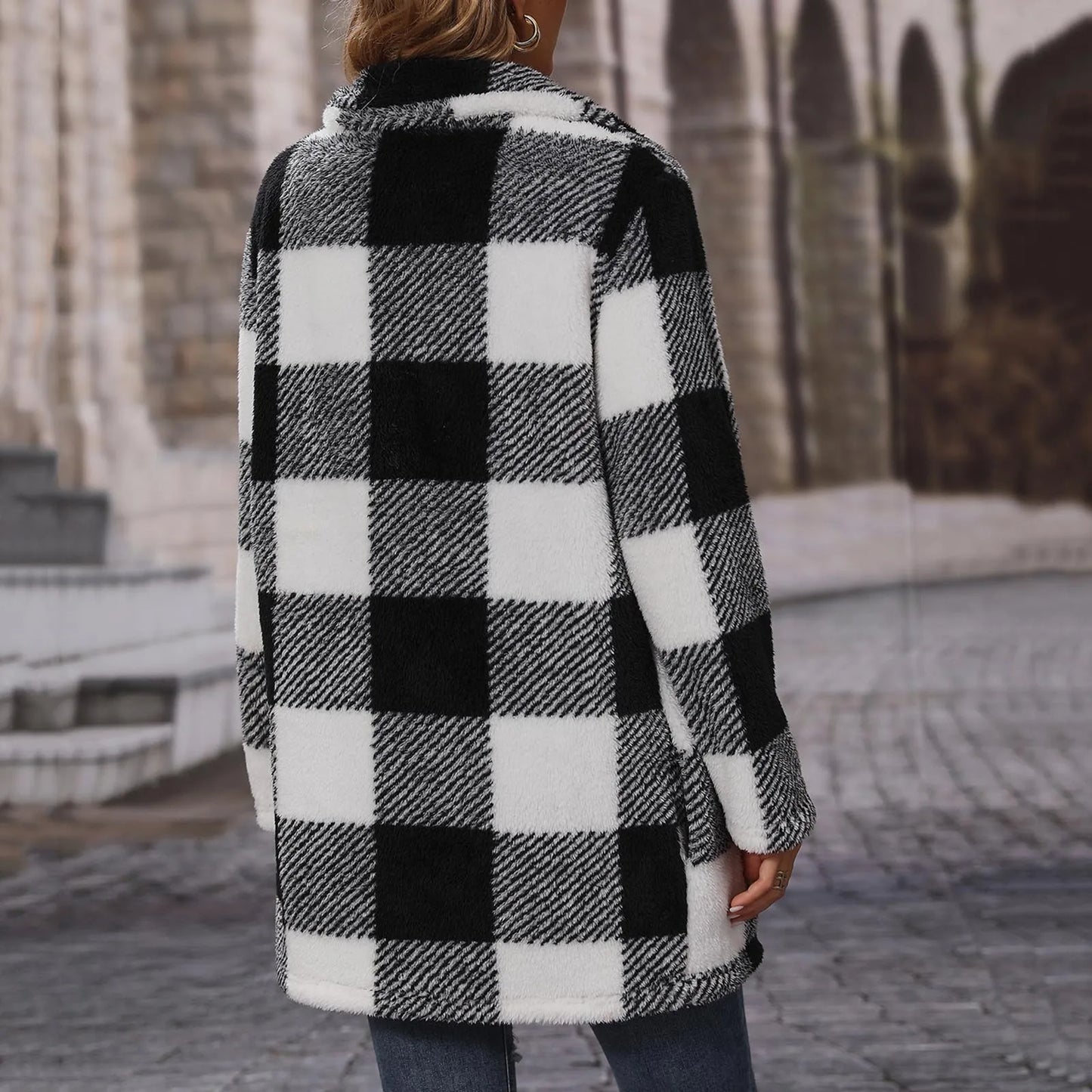 Winter Coats for Women Vintage Plaid Print Warm Fuzzy Fleece Long Jacket Overcoat Cardigan Zipper Jackets Manteau Femme Hiver