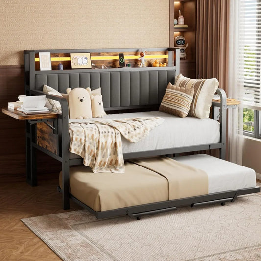 Trundle and LED Light, Heavy Duty Metal Twin Bed Frame with Upholstered Storage Headboard & Charging Station, Day Be