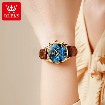 OLEVS Women's Watches Luxury Waterproof Luminous Quartz Watch Multifunctional Leather Strap Original Certified Brand Wristwatch