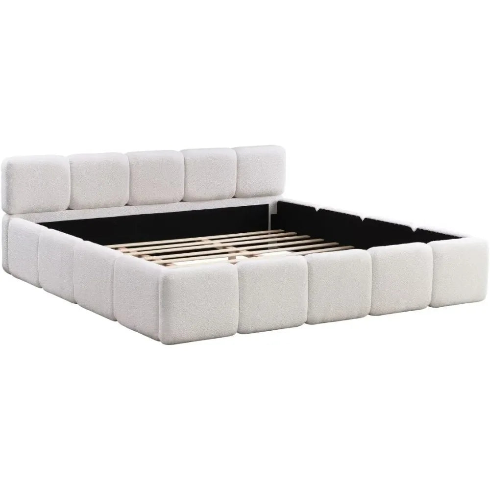 Queen Size Platform Bed, Boucle Thick Headboard and Footboard, Upholstery Grounded Beds, Block Style Grounded Beds Frame