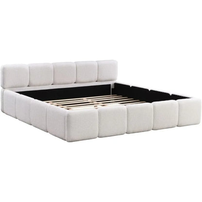 Queen Size Platform Bed, Boucle Thick Headboard and Footboard, Upholstery Grounded Beds, Block Style Grounded Beds Frame