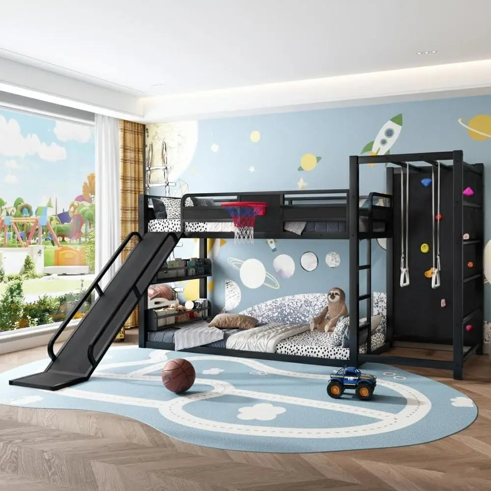 Twin Loft Bed with Slide, Basketball Hoop, Climbing Wall, and Shelves - Black Metal Gaming Bed