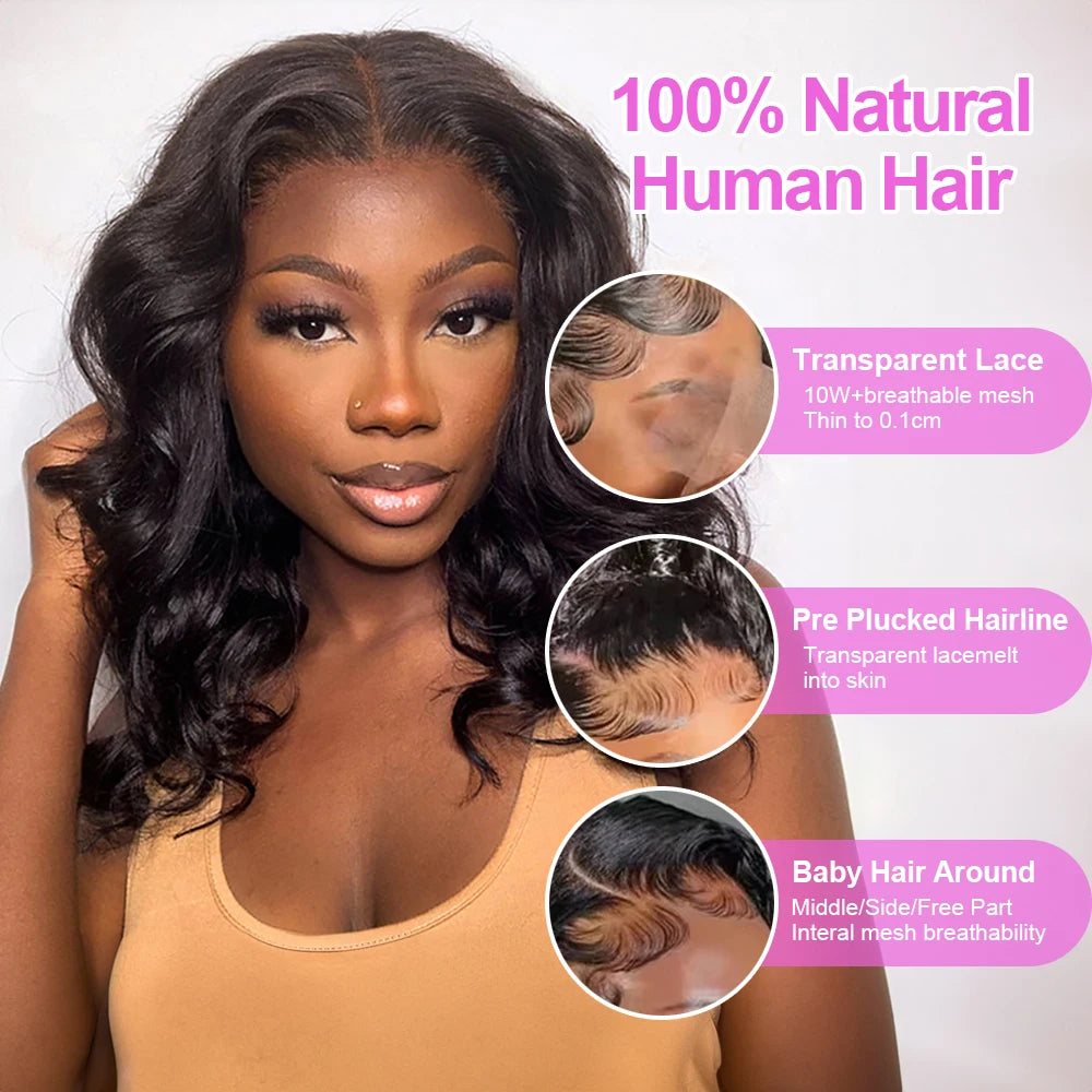 Glueless Body Wave Bob Wigs 13x6 Transparent Lace Frontal Wig 100% Human Hair Wig Natural Wave Short Bob Wigs of Black Women