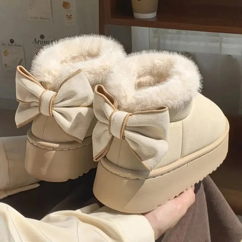 2024 New Bow Women's Thick-Soled Warm Fleece-Lined Cotton Shoes Versatile Snow Boots Korean Style Increased Height For Students