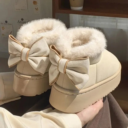 2024 New Bow Women's Thick-Soled Warm Fleece-Lined Cotton Shoes Versatile Snow Boots Korean Style Increased Height For Students