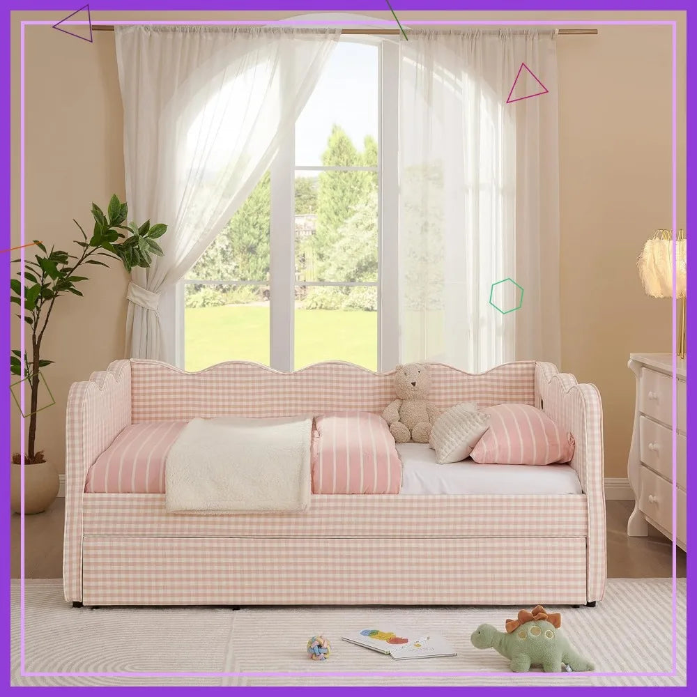 Twin Size Sofa Bed with Trundle, USB Port, Linen Fabric - Navy & Pink Gingham Design