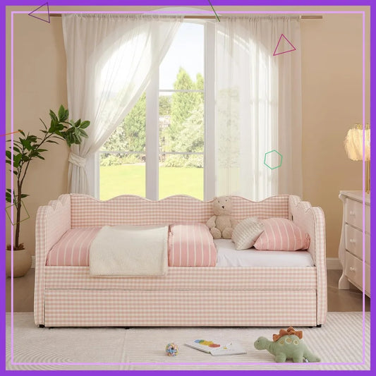Twin Size Sofa Bed with Trundle, USB Port, Linen Fabric - Navy & Pink Gingham Design