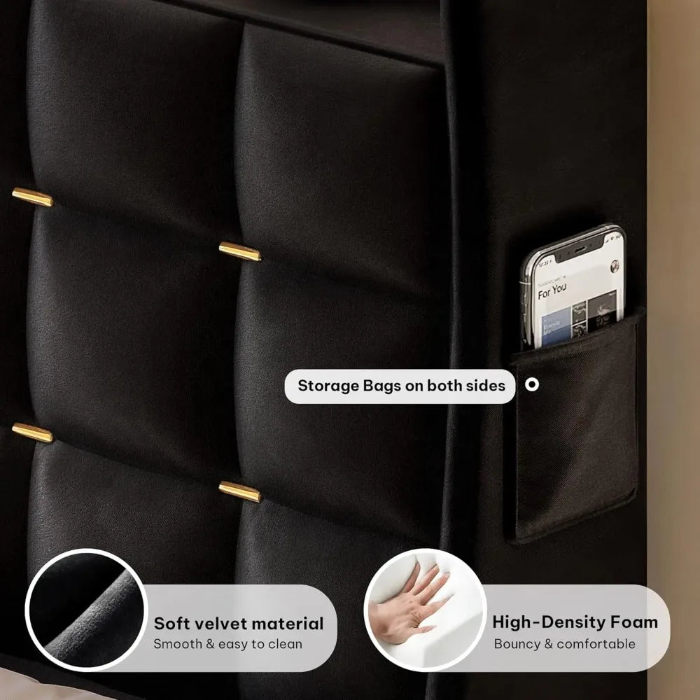 Queen/king Bed Frame with LED Lights 4 Drawers, No Box Spring Needed, Easy Assembly, Velvet Upholstered Platform Bed