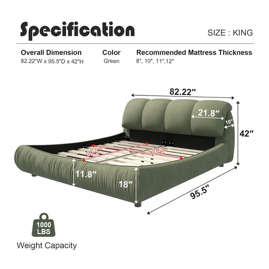 King Size Luxury Upholstered Cloud Bed Frame – Solid Wood Modern Platform Bed with Oversized Padded Backrest &, Customized