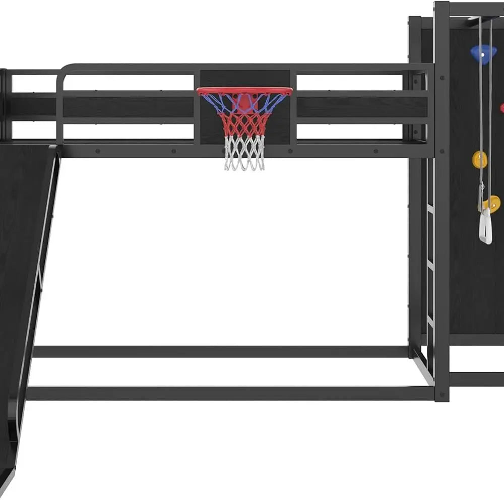 Twin Loft Bed with Slide, Basketball Hoop, Climbing Wall, and Shelves - Black Metal Gaming Bed