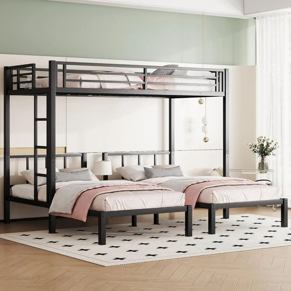 Twin Size Triple Bunk Bed for 3 Kids, Heavy Duty Metal Frame with Safety Fence, Space Saving Design, Black