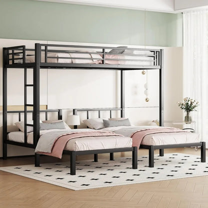 Twin Size Triple Bunk Bed for 3 Kids, Heavy Duty Metal Frame with Safety Fence, Space Saving Design, Black