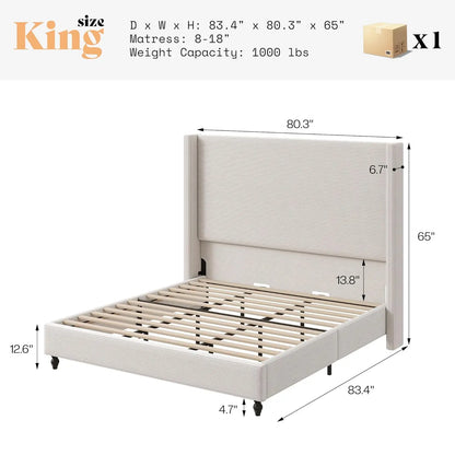King Size Bed Frame With 65" Tall Headboard, Upholstered Corduroy Bed Frame With Wingback, Platform Bed With Solid, Customized