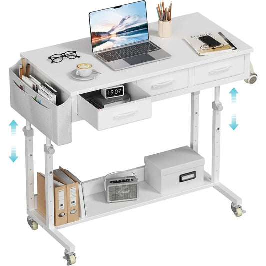 White Portable Rolling Computer Desk - 40 Inch Adjustable Mobile Standing Teacher Desks with 3 Fabric Drawers on Wheels, Couch S