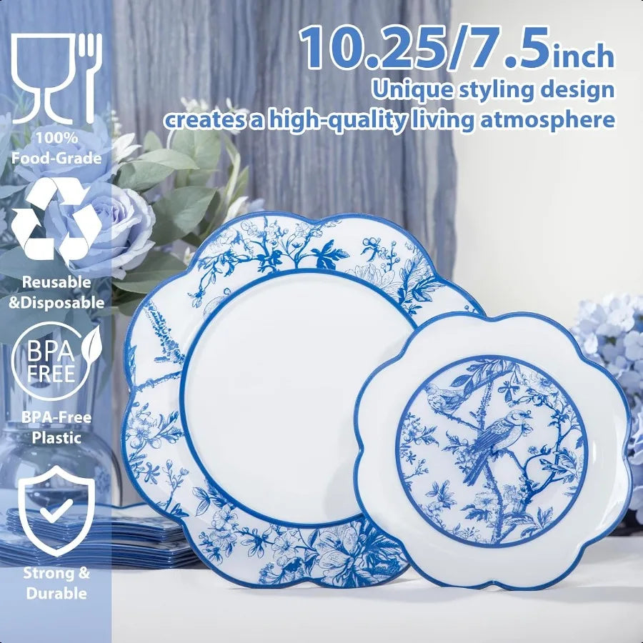 LIYH 60 Pcs Blue Plastic Plates Set Heavy Duty Floral and White Plastic Plates for Party Wedding Elegant Plate Bridal Shower Fl