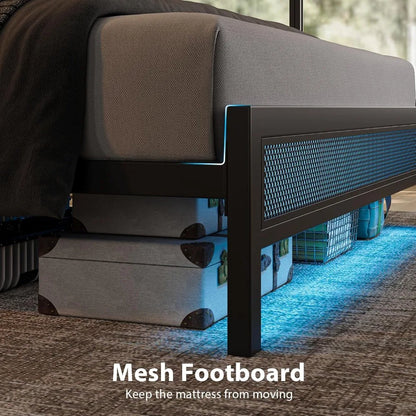Led Bed Frame , Metal Platform Bed Frame with 2-Tier Storage Headboard, Mesh Bedframe with Charging Station, Easy Assembly