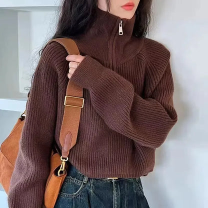 Half Zip Collar Sweater Women Pullovers Soft Knitted Long Sleeve Short Jumper Fall Winter Teen-girl Korean Fashion Outfit