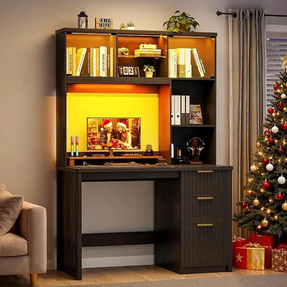 LED Study Desk with Hutch, Drawers, Outlet & Charging Station for Home Office, Bedroom or Small Space (Black)