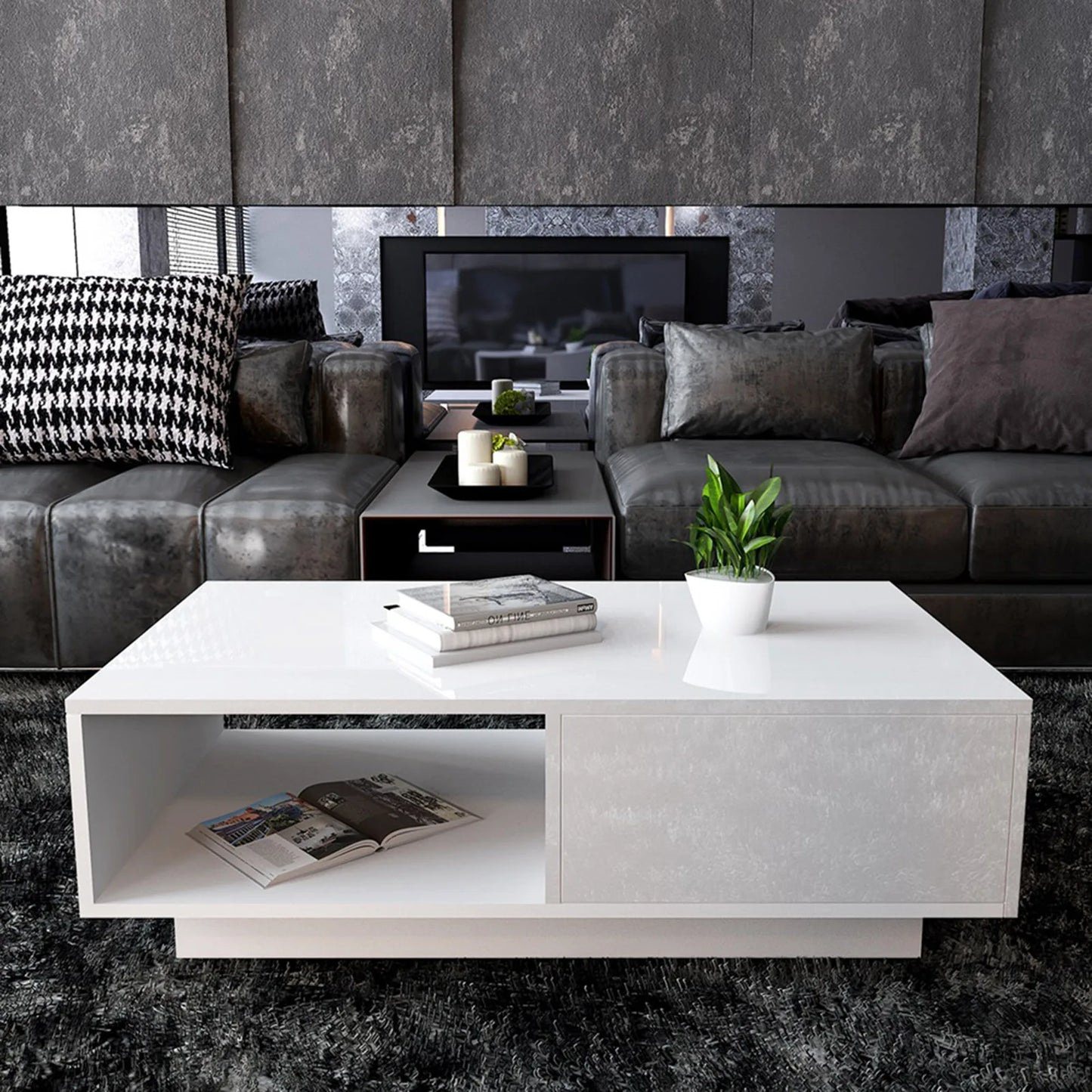 Modern High Gloss Rectangular Coffee Table Tea Table Storage Living Room Living Room Table Coffee Table Rectangular Coffee Table
