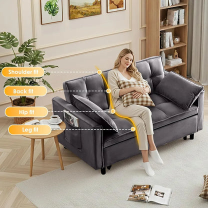 Convertible Sleeper Sofa Bed, 54'' Loveseat with Adjustable Backrest, Velvet Fabric, Pull Out Couch for Living Room