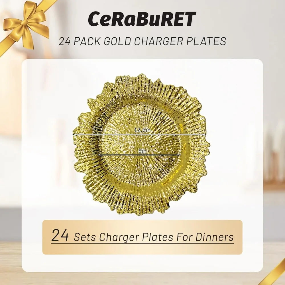 24 Pack Gold Charger Plates Round Plastic Reef Plate Chargers with Flora Reef Design Gold Chargers for Dinner Plates
