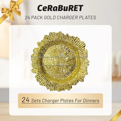 24 Pack Gold Charger Plates Round Plastic Reef Plate Chargers with Flora Reef Design Gold Chargers for Dinner Plates