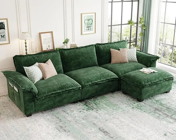 L-Shaped Modular Sectional Sofa, 4 Seater Cloud Couch with Ottoman, Chenille Sectional Couches for Living Room,Customized
