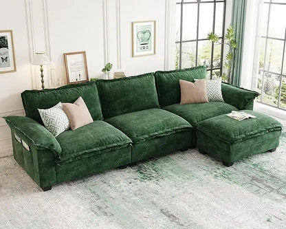 L-Shaped Modular Sectional Sofa, 4 Seater Cloud Couch with Ottoman, Chenille Sectional Couches for Living Room,Customized