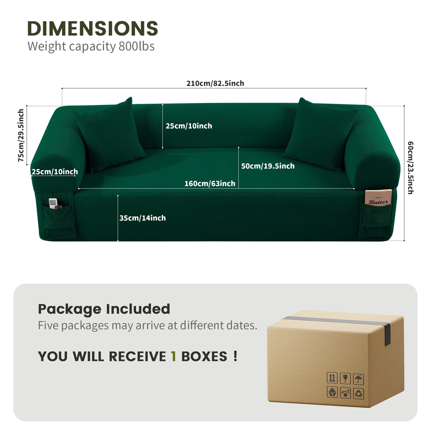 Sofa in a Box, No Assembly 3-Seater Floor Sofa Couch with 2 Pillows & Corduroy Fabric & Side Storage Pockets