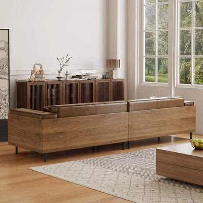 Mid-Century Modern Leather Sofa 111.81 with Wooden Accents on Sides & Back, Spacious 3 - Seat Couch for Living Room, Bedroom