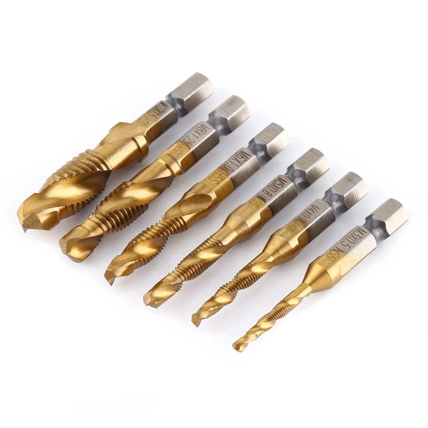 6pcs Metric Thread M3-M10 Titanium Coated HSS Drill and Tap Bits 1/4" Hex Shank
