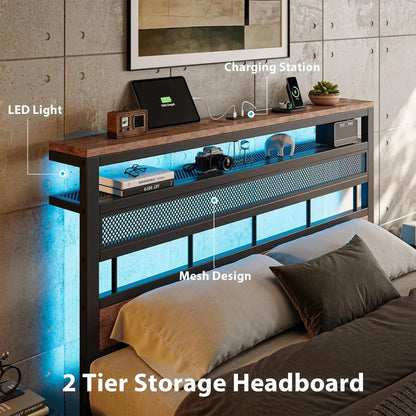Led Bed Frame , Metal Platform Bed Frame with 2-Tier Storage Headboard, Mesh Bedframe with Charging Station, Easy Assembly