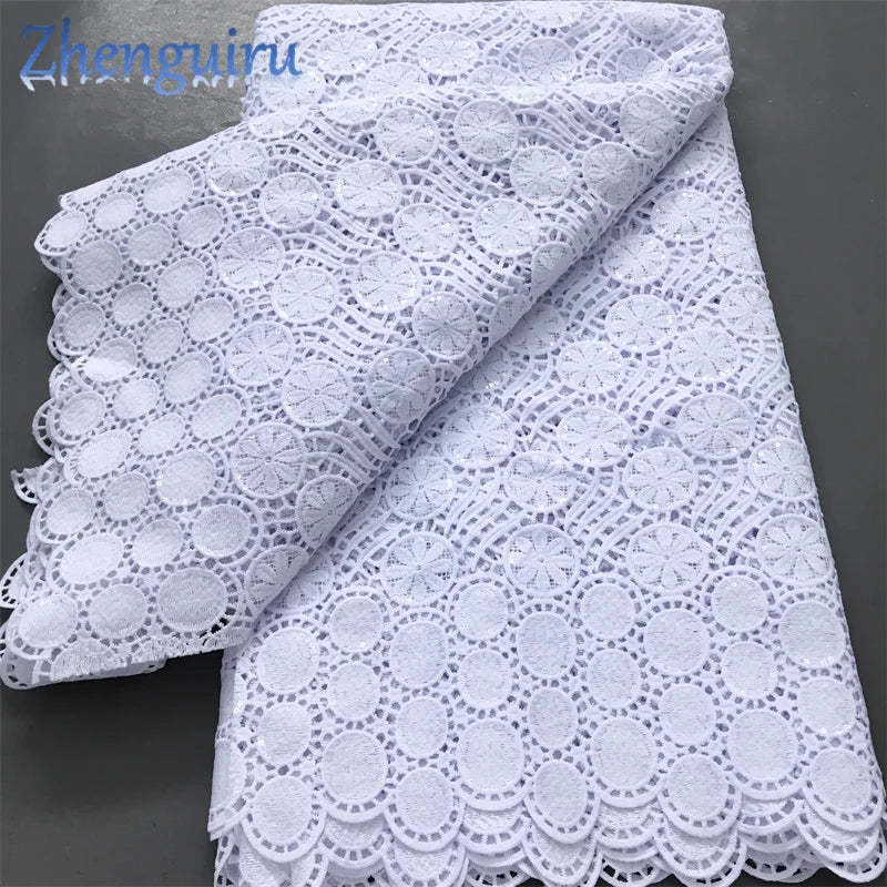Pure White Nigerian Guipure Lace Fabric 2025 High Quality Water Soluble African Sequin Cord Lace Fabric for Party Dress Sew 4025
