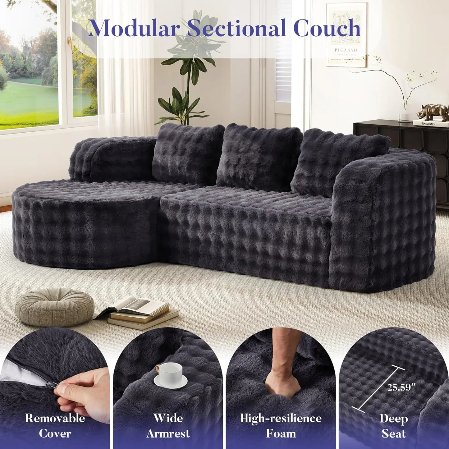 96" Modular Sectional Sofa Oversized Chaise L Shape 3 Seat Living Room Apartment No Assembly, Customized