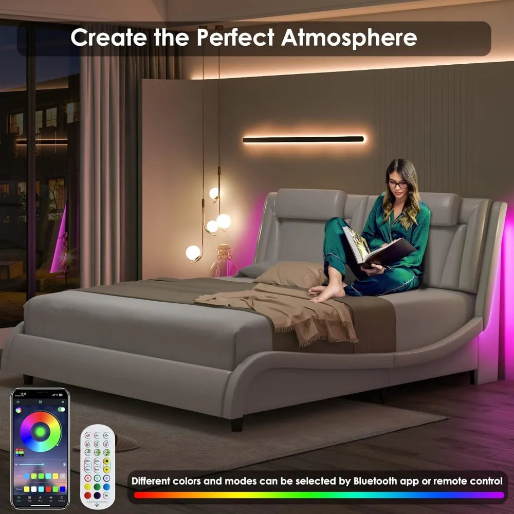 Keyluv Upholstered Platform Bed Frame with Adjustable LED Headboard, Pu Leather, Wave-Like Curve Design and Solid Wooden Slats S