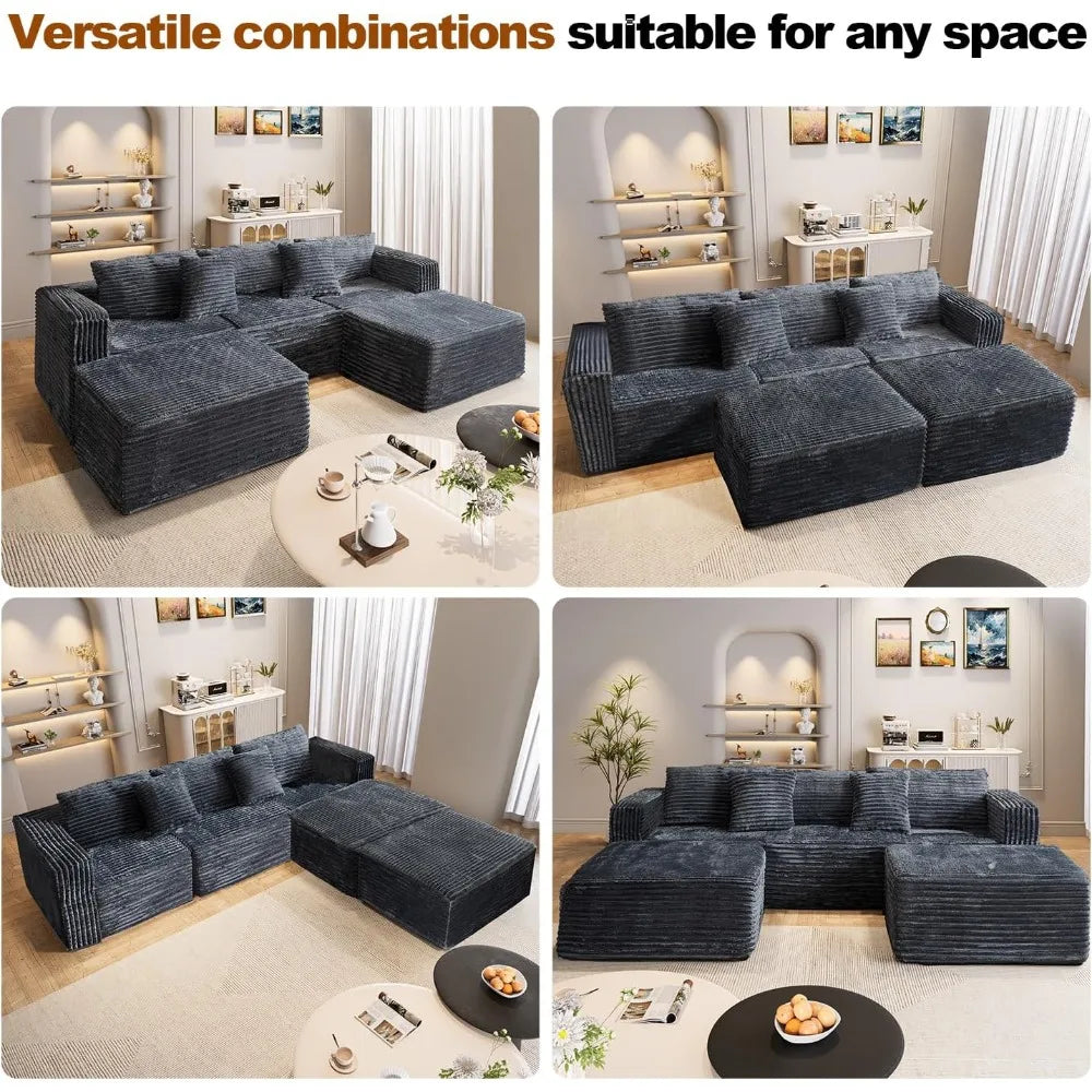 110" Modular Sectional Couch Sofa,Boneless Couches for Living Room,3-Seater Cloud Sofa with 2 Movable Ottomans U Shaped