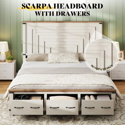 Farmhouse King Size Bed Frame with 54" Tall Geometric Headboard & Footboard, Rustic Wood Platform Bed Frame, Customized