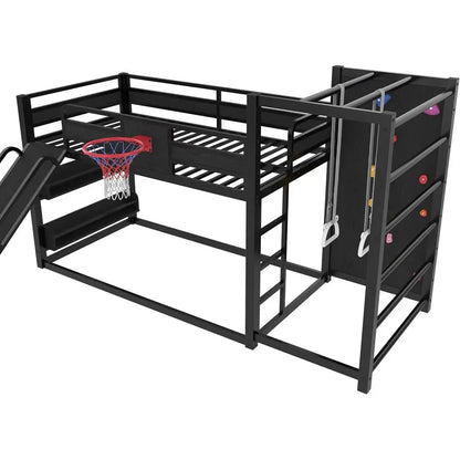 Twin Loft Bed with Slide, Basketball Hoop, Climbing Wall, and Shelves - Black Metal Gaming Bed