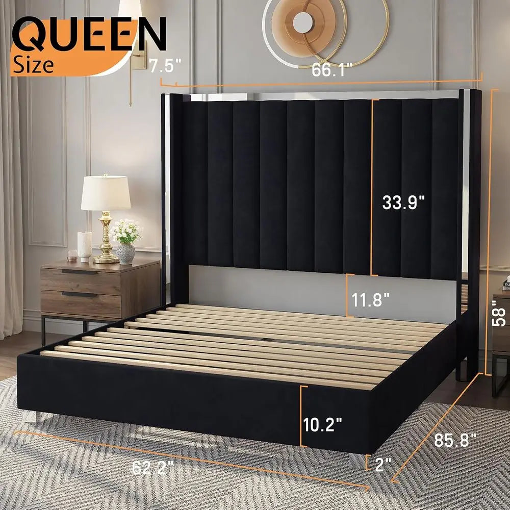 Black Velvet 58 High Wingback Headboard Queen Bed Frame, No Box Spring Required,Customized