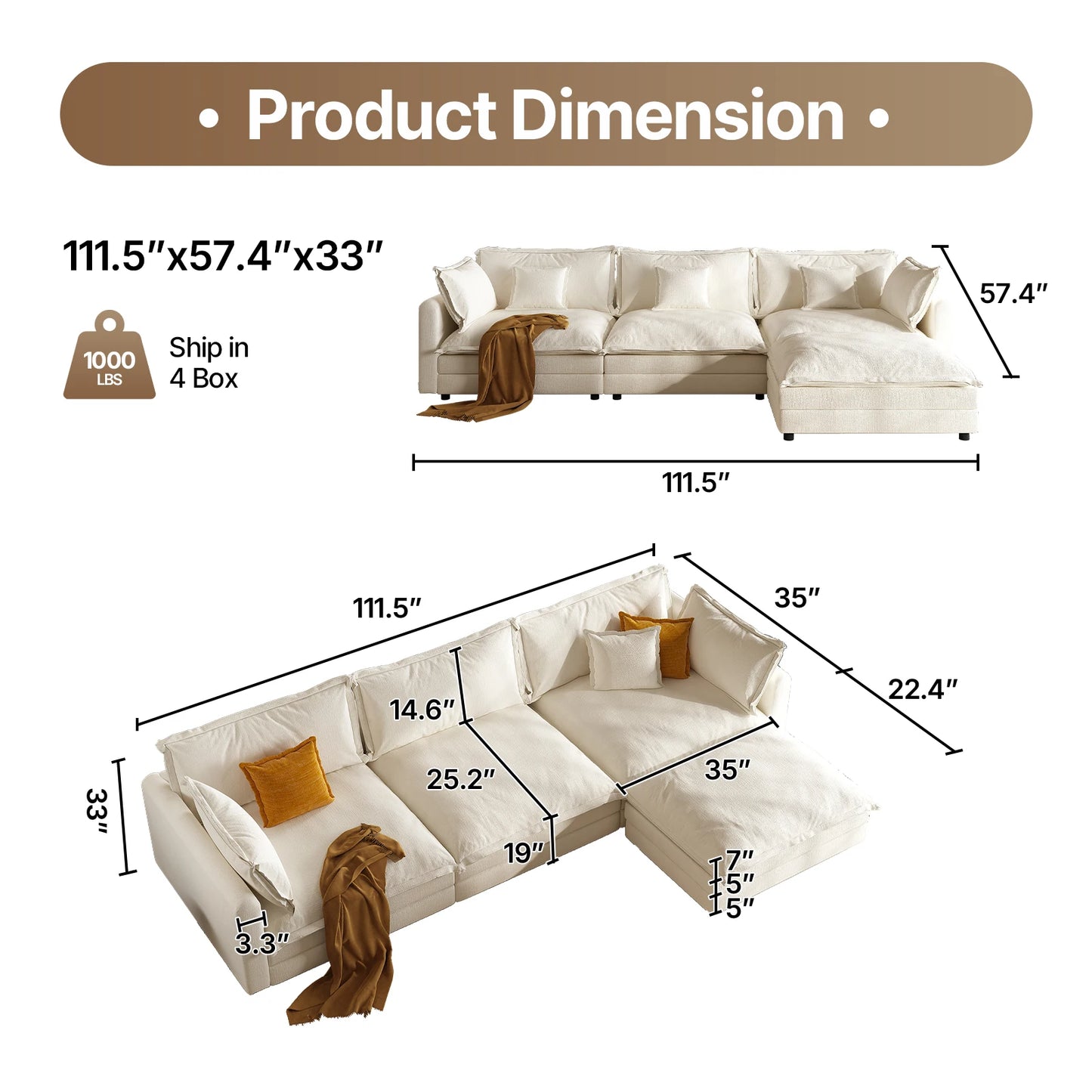 111.5" L Shaped Modern Sofa Modular Sectional Cloud Couch with Ottoman, 4-Seat Chenille Deep Seat Sofa with Pillow for Living Ro
