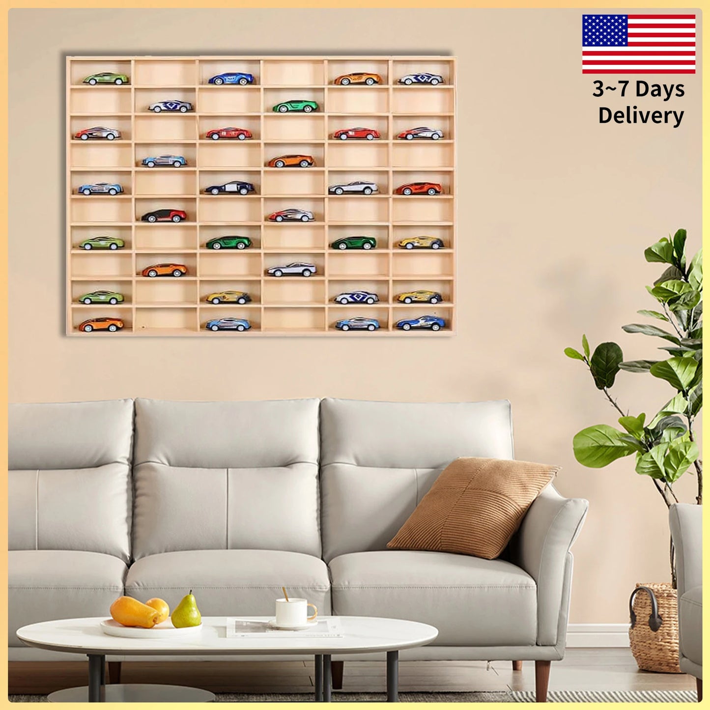 60 Grid Wood Display Shelf Toy Storage Wall Mounted Solid Wood Car Model Storage Box With A Pair Of White Traceless Nails