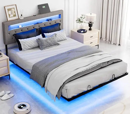 Full Size Floating Bed Frame with Charging Station,Modern Metal Full Bed with led Lights,Easy Assembly,Upholstered Bed Frame