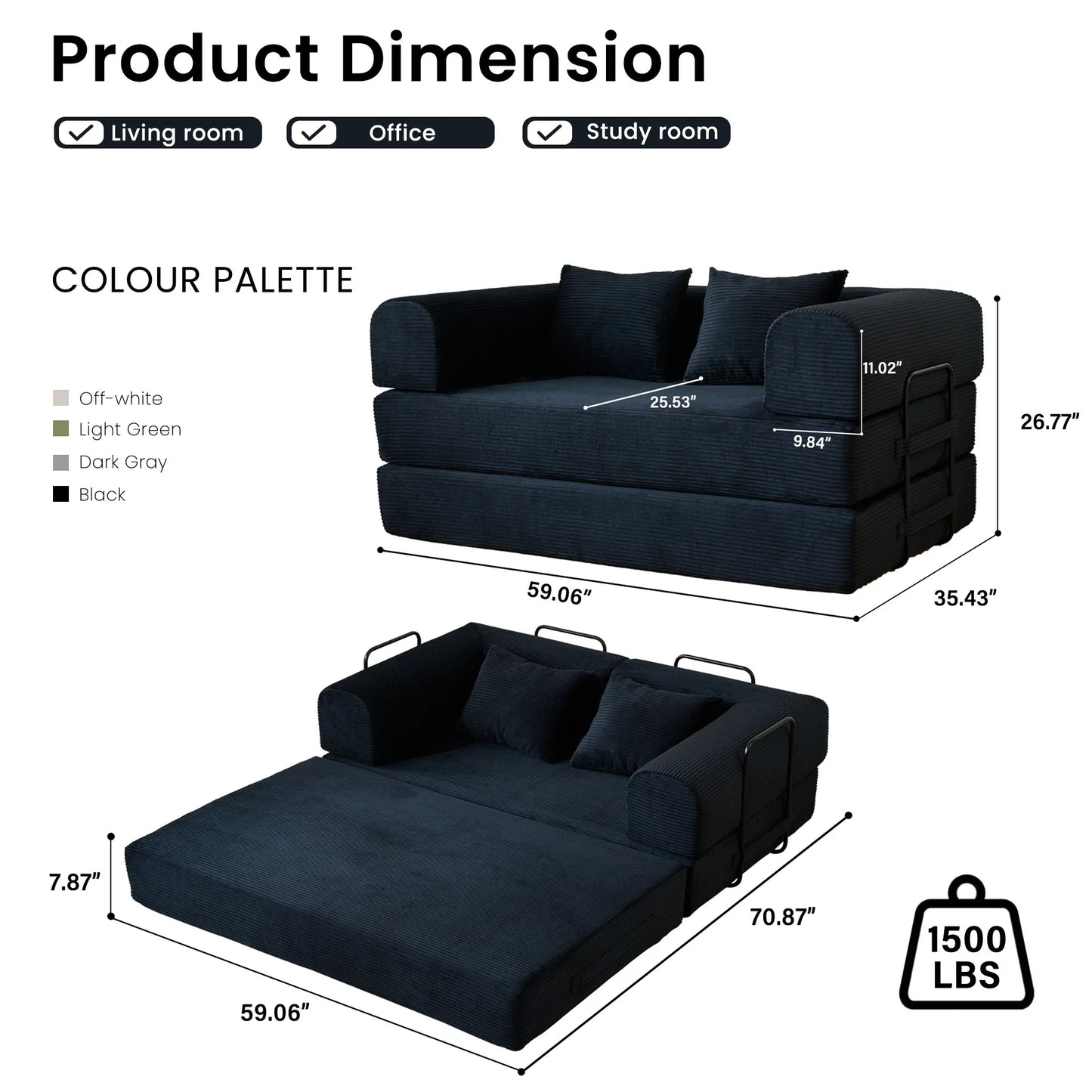 59’’ Convertible Sofa Bed Corduroy Upholstered Boneless Couch, Loveseat Fold Out Small Floor Sleeper for Living Room