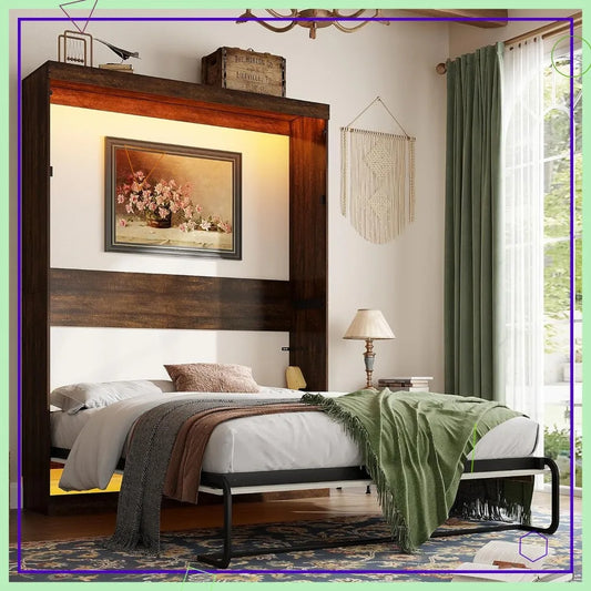 Queen Size Murphy Bed with LED Lights, Farmhouse Wood Hidden Wall Bed Frame, Space-Saving Storage Cabinet for Bedroom Office