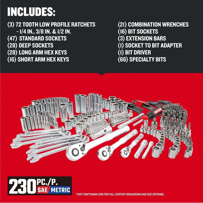 Complete 230-Pc Mechanic Tool Set with Case. Versatile Sockets for 1/4" to 1/2" Drive. Essential for Homeowners