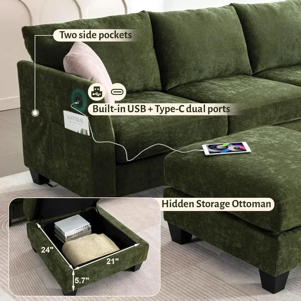 124" Modular Sectional Sofa, U-Shaped 6 Seater Sectional Sofa with Storage Ottoman & USB Ports, Large Cloud Couch Customized