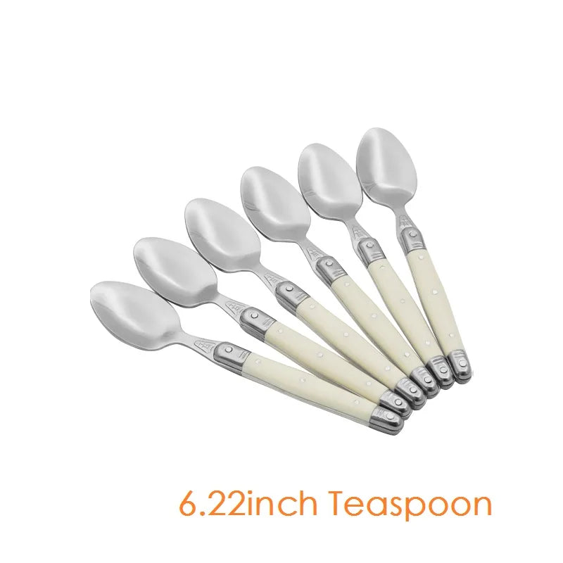 4/6/24pcs Laguiole Ivory White Silverware Stainless Steel Steak Knives Table Forks Dinner Spoons Dessert Teaspoon Xmas Cutlery