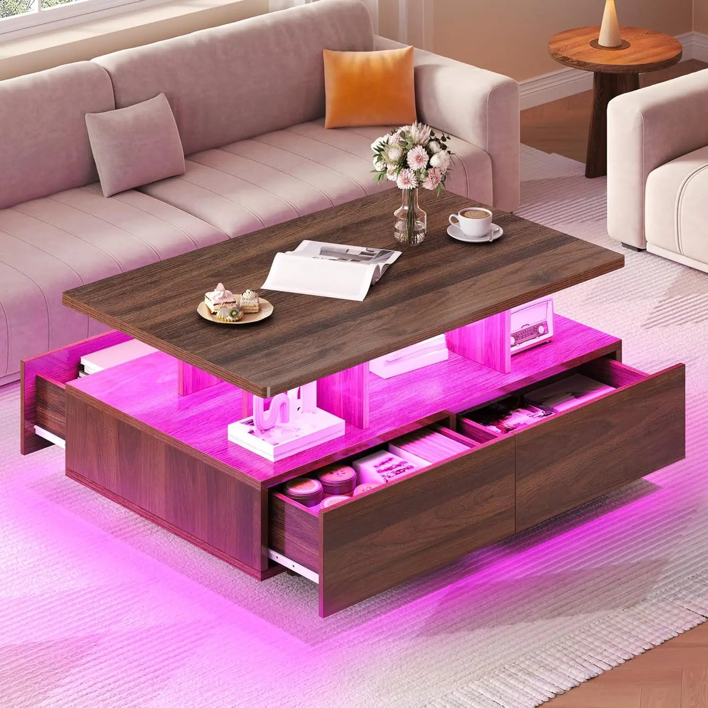 led coffee tables for living room, high glossy coffee table with storage 4 sliding drawers, small rectangular led coffee table
